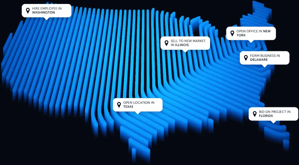 A static image of a stylized map of the USA with states highlighted.